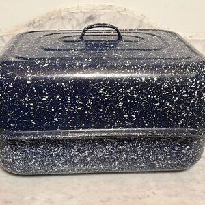 Vintage Blue Speckled Graniteware Rectangular Roaster with Lid – Farmhouse Style